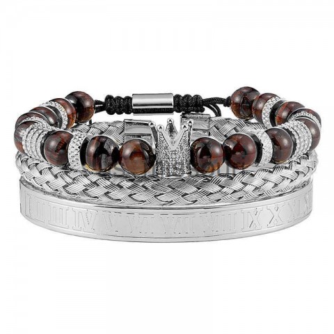 Crown Beaded Tiger Eye Stone Bracelet Set J250509 Unisex