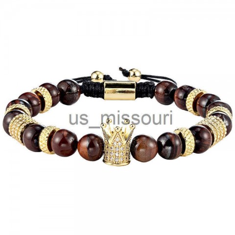 Crown Beaded Tiger Eye Stone Bracelet Set J250509 Unisex
