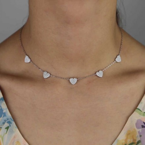 Sterling Silver Heart Charm Necklace with Clear CZ for Women - X2411231