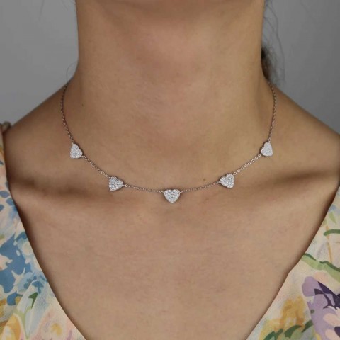Sterling Silver Heart Charm Necklace with Clear CZ for Women - X2411231
