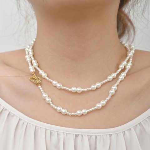Elegant Shijia Women's Pearl Layered Necklace with OT Buckle, Long Fashionable Chain