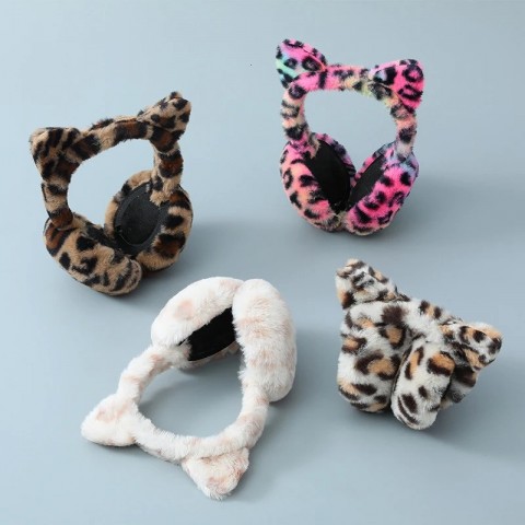 Winter Leopard Print Cat Ear Earmuffs for Women