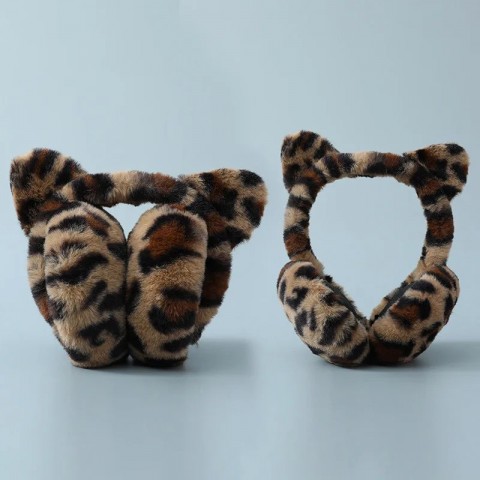 Winter Leopard Print Cat Ear Earmuffs for Women