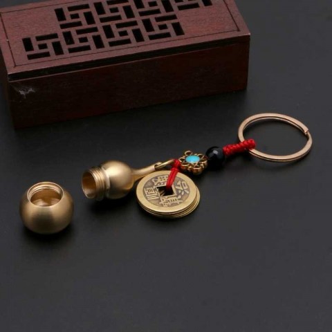 Lucky Feng Shui Brass Calabash Keychain with Antique Copper Plated Pendant