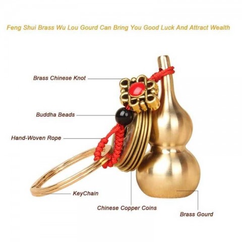 Lucky Feng Shui Brass Calabash Keychain with Antique Copper Plated Pendant