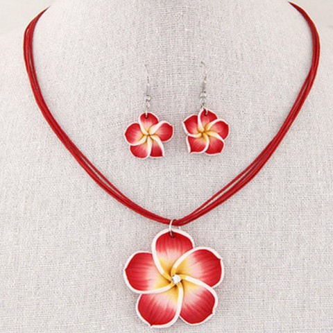 Hawaii Plumeria Flowers Jewelry Set for Women - Rhodium Plated Earrings & Necklace