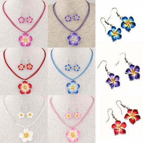 Hawaii Plumeria Flowers Jewelry Set for Women - Rhodium Plated Earrings & Necklace