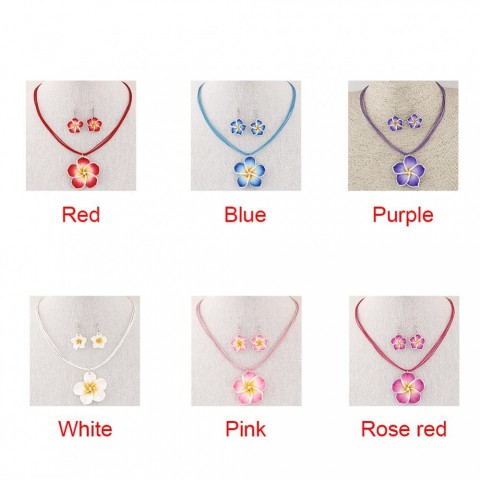 Hawaii Plumeria Flowers Jewelry Set for Women - Rhodium Plated Earrings & Necklace