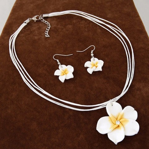 Hawaii Plumeria Flowers Jewelry Set for Women - Rhodium Plated Earrings & Necklace