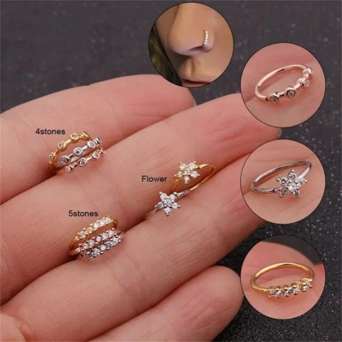 TRENDY1 3pcs Adjustable Zircon Nose Hoop Studs, Hypoallergenic, Trendy Nostril Jewelry