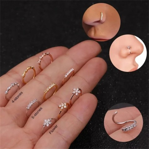 TRENDY1 3pcs Adjustable Zircon Nose Hoop Studs, Hypoallergenic, Trendy Nostril Jewelry