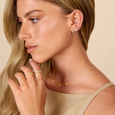 Shevalue Women's Fashion 14K Gold Dangle Chain Huggie Hoop Earrings with Cubic Zirconia Stud