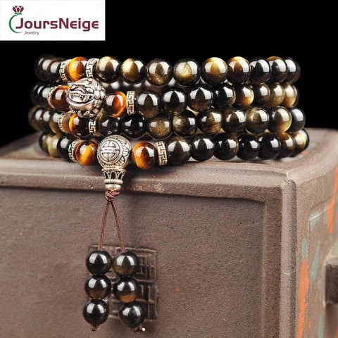 Men's Golden Black Obsidian Bracelet with Tibetan Silver Pixiu and Yellow Tiger Stone