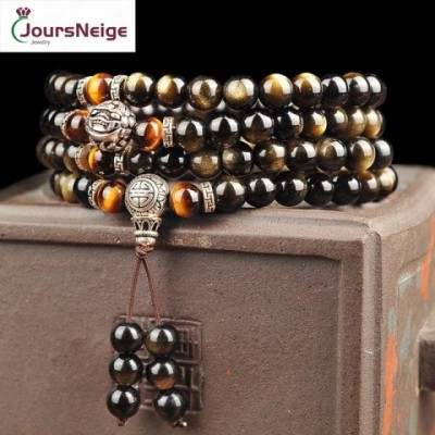 Men's Golden Black Obsidian Bracelet with Tibetan Silver Pixiu and Yellow Tiger Stone