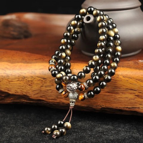 Men's Golden Black Obsidian Bracelet with Tibetan Silver Pixiu and Yellow Tiger Stone