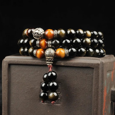 Men's Golden Black Obsidian Bracelet with Tibetan Silver Pixiu and Yellow Tiger Stone