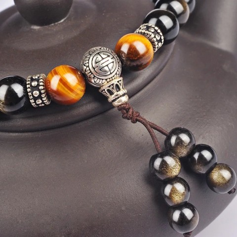 Men's Golden Black Obsidian Bracelet with Tibetan Silver Pixiu and Yellow Tiger Stone