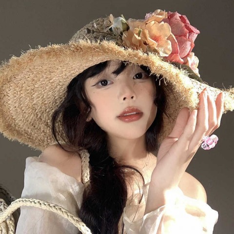 Flower Woven Lafite Straw Wide Brim Hat for Women, French Style Summer Beach Hat J250411