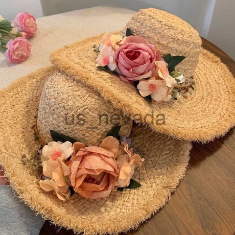 Flower Woven Lafite Straw Wide Brim Hat for Women, French Style Summer Beach Hat J250411