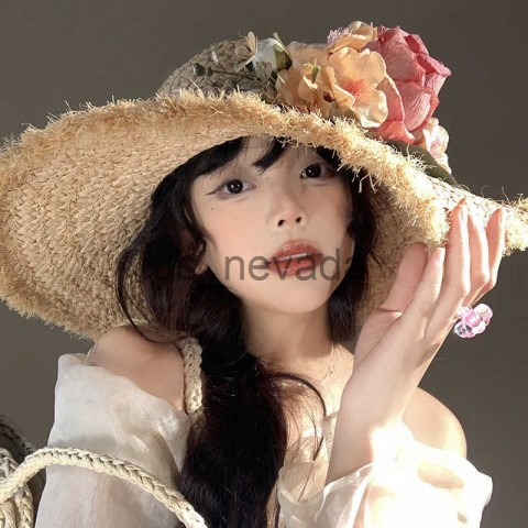 Flower Woven Lafite Straw Wide Brim Hat for Women, French Style Summer Beach Hat J250411