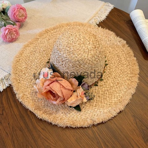Flower Woven Lafite Straw Wide Brim Hat for Women, French Style Summer Beach Hat J250411