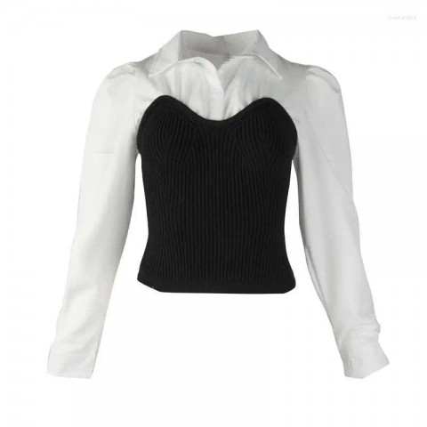 Women's Slimming French Style Blouse with Long Sleeves and Patchwork Design 2025