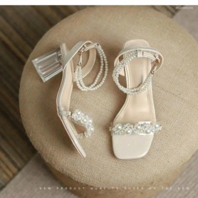 Qwen's Fashion Women's Mid Heel Sandals with Buckle Strap and String Bead Details