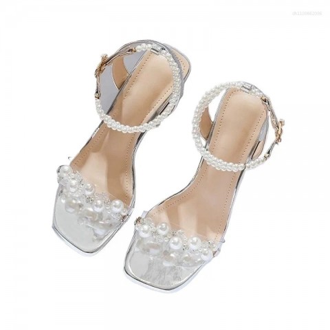 Qwen's Fashion Women's Mid Heel Sandals with Buckle Strap and String Bead Details