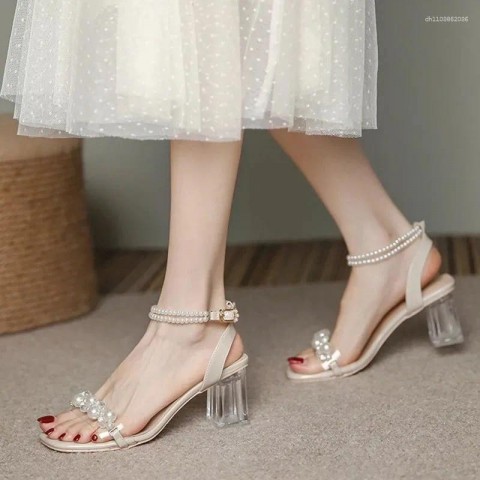 Qwen's Fashion Women's Mid Heel Sandals with Buckle Strap and String Bead Details