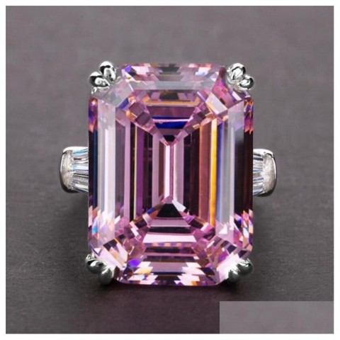 Luxury Women's Emerald Cut Pink Sapphire CZ Sterling Silver Promise Ring