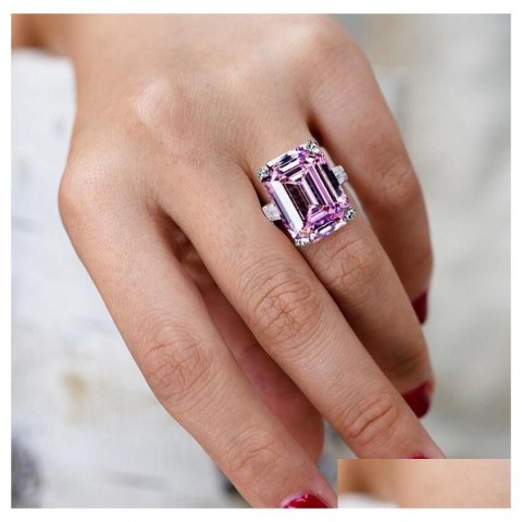 Luxury Women's Emerald Cut Pink Sapphire CZ Sterling Silver Promise Ring