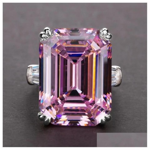 Luxury Women's Emerald Cut Pink Sapphire CZ Sterling Silver Promise Ring