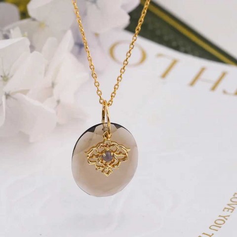 LAMOON Women's Natural Smoky Quartz and Cordierite Pendant Necklace in Gold Plated Sterling Silver