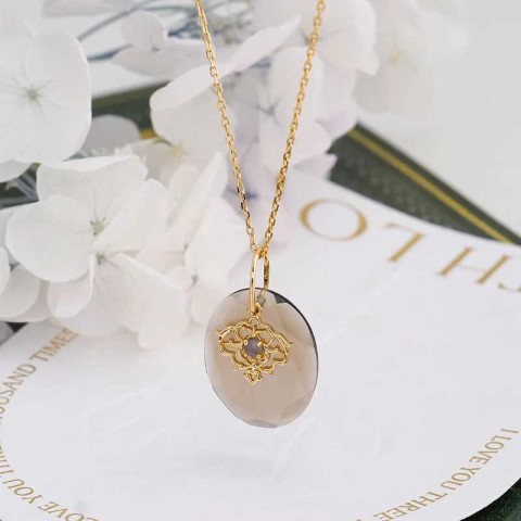 LAMOON Women's Natural Smoky Quartz and Cordierite Pendant Necklace in Gold Plated Sterling Silver