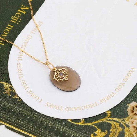 LAMOON Women's Natural Smoky Quartz and Cordierite Pendant Necklace in Gold Plated Sterling Silver
