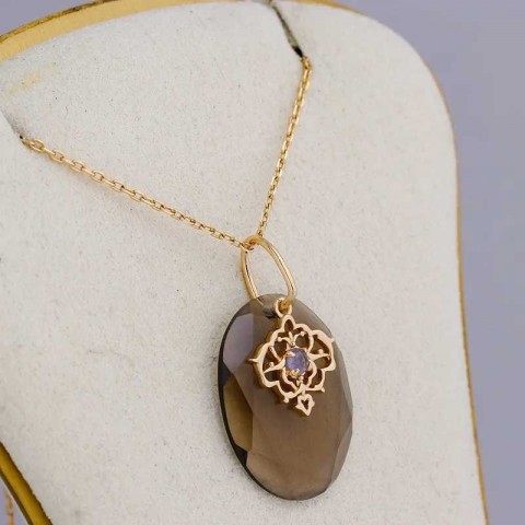 LAMOON Women's Natural Smoky Quartz and Cordierite Pendant Necklace in Gold Plated Sterling Silver