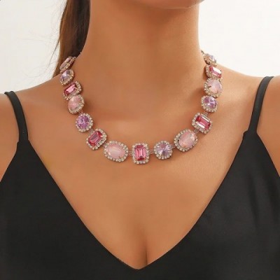 Pink Crystal Geometric Choker Necklace for Women - Bridal Wedding Jewelry