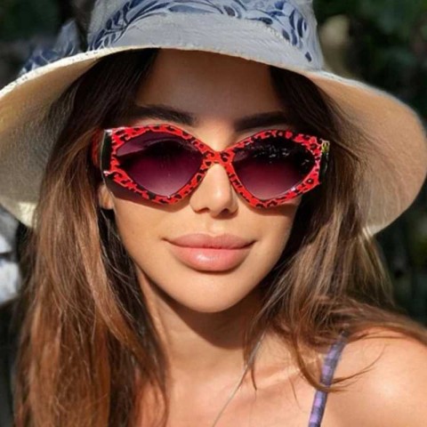 Geometric Frame Women's Red Leopard Print Luxury Sunglasses H241204