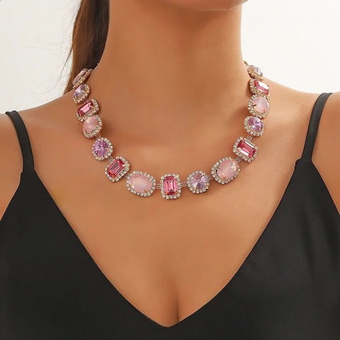 Pink Crystal Geometric Choker Necklace for Women - Bridal Wedding Jewelry