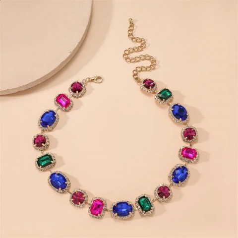 Pink Crystal Geometric Choker Necklace for Women - Bridal Wedding Jewelry