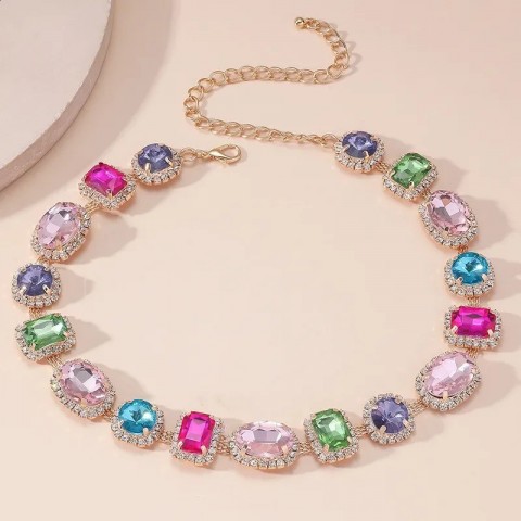 Pink Crystal Geometric Choker Necklace for Women - Bridal Wedding Jewelry