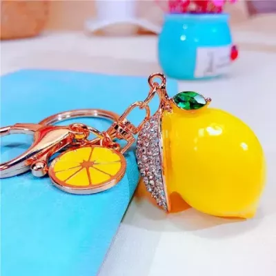 Lemon Zest Keychains 3D Fruit Charms Alloy Keyring with Crystal Rhinestones - Unisex