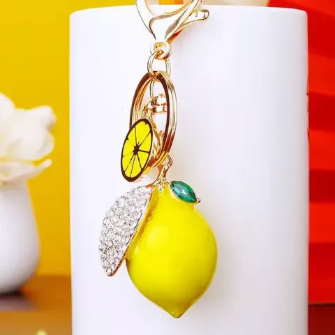 Lemon Zest Keychains 3D Fruit Charms Alloy Keyring with Crystal Rhinestones - Unisex