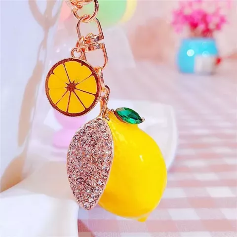 Lemon Zest Keychains 3D Fruit Charms Alloy Keyring with Crystal Rhinestones - Unisex