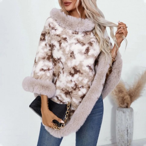 Elegant Women's Knitted Cloak Sweater with Fur Collar