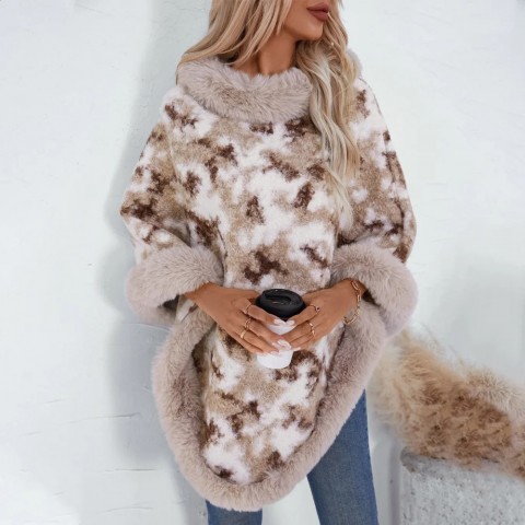 Elegant Women's Knitted Cloak Sweater with Fur Collar