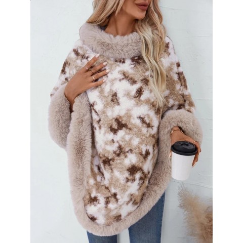 Elegant Women's Knitted Cloak Sweater with Fur Collar