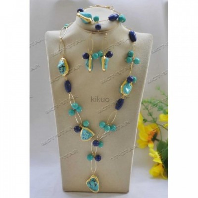 MCTSTAR Women's Dangle Chandelier Turquoise Lapis Lazuli Necklace Earrings Set