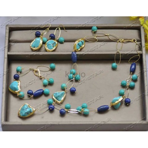 MCTSTAR Women's Dangle Chandelier Turquoise Lapis Lazuli Necklace Earrings Set