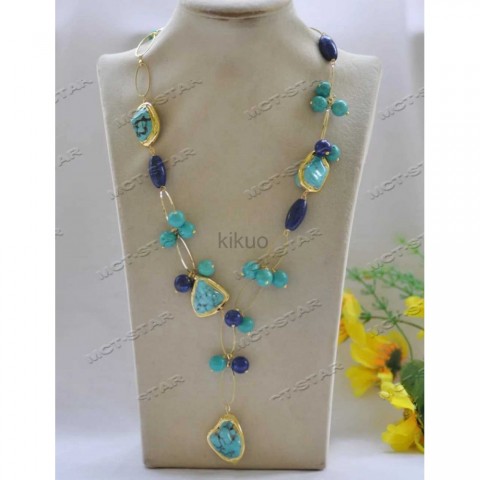 MCTSTAR Women's Dangle Chandelier Turquoise Lapis Lazuli Necklace Earrings Set